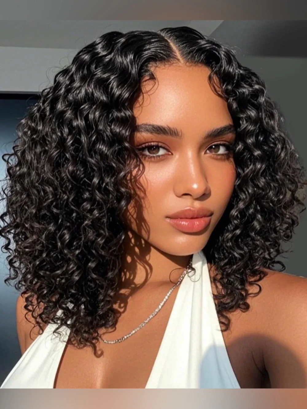 16” Natural Black Water Wave Human Hair Bob Wig 2x6 HD Lace Front 200% Den #231